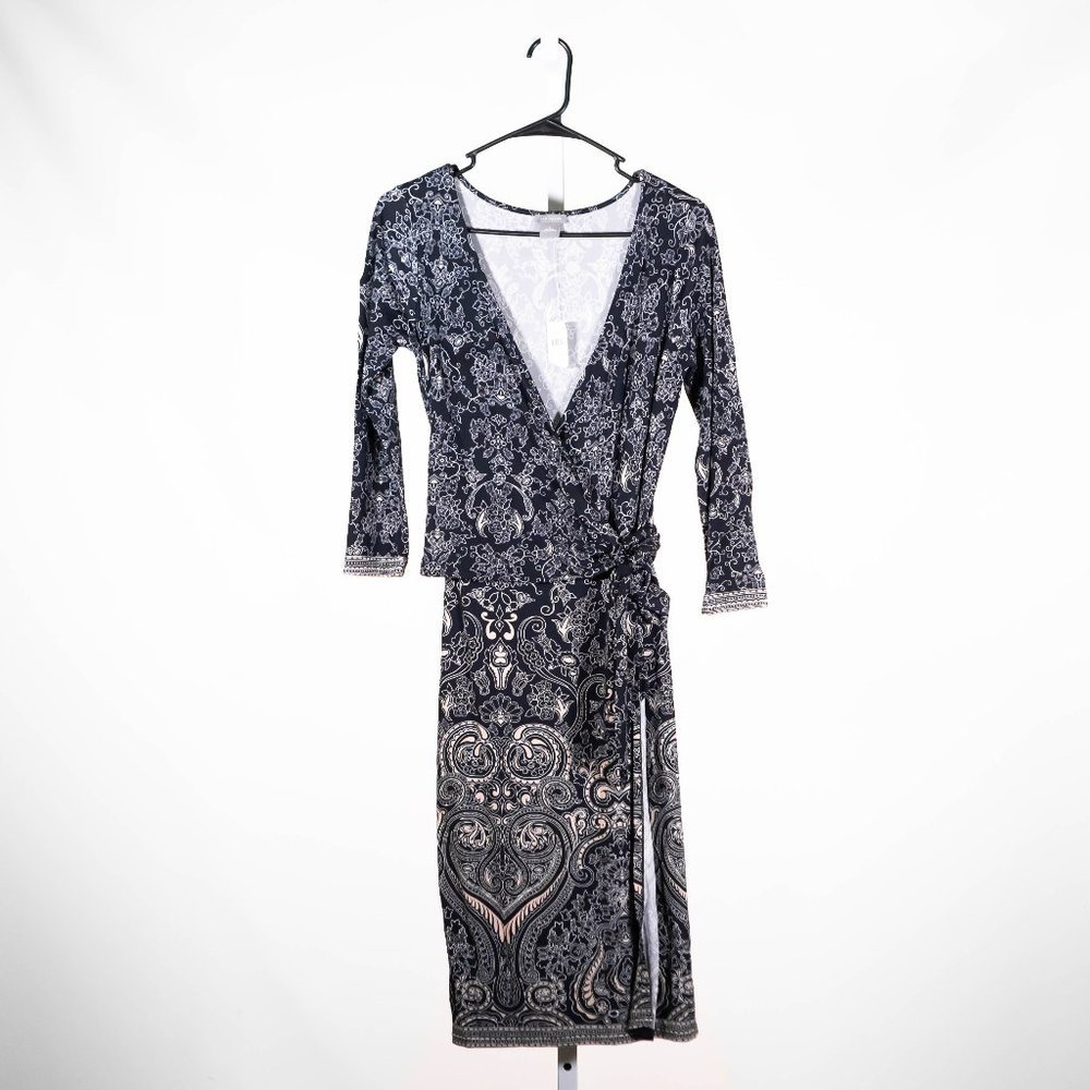 Ann Taylor Women's Dress Blue Paisley Jersey Wrap V-Neck Long Sleeve Slit Size 2